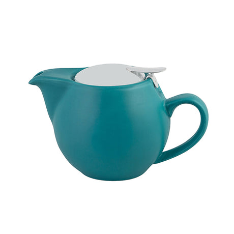 A large aqua coloured Teapot showcasing a stainless steel remover lid presented on a white background