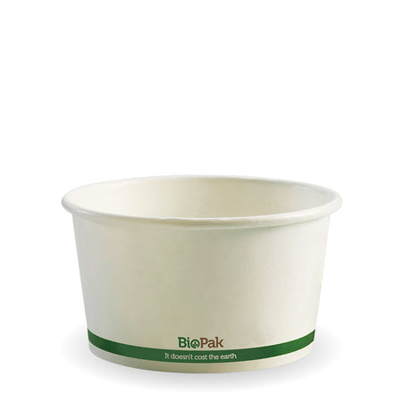 Biobowl - White with Green Stripe, 12oz (Box of 500) from BioPak. Compostable, made out of Paper and Bioplastic and sold in boxes of 1. Hospitality quality at wholesale price with The Flying Fork! 