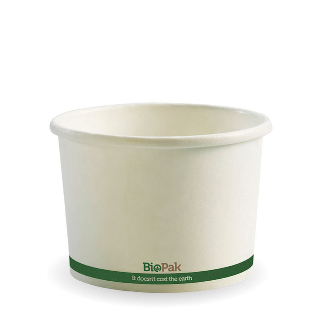 Biobowl - White with Green Stripe, 16oz (Box of 500) from BioPak. Compostable, made out of Paper and Bioplastic and sold in boxes of 1. Hospitality quality at wholesale price with The Flying Fork! 