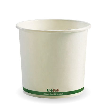 Biobowl - White with Green Stripe, 24oz (Box of 500) from BioPak. Compostable, made out of Paper and Bioplastic and sold in boxes of 1. Hospitality quality at wholesale price with The Flying Fork! 