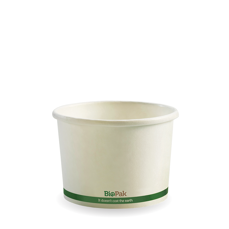 Biobowl - White with Green Stripe, 8oz (Box of 1000) from BioPak. Compostable, made out of Paper and Bioplastic and sold in boxes of 1. Hospitality quality at wholesale price with The Flying Fork! 