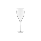 A clear champagne flute with a long stem on a white background.