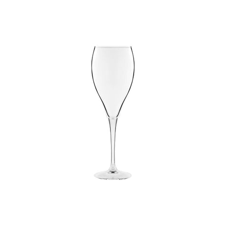 A clear champagne flute with a long stem on a white background.
