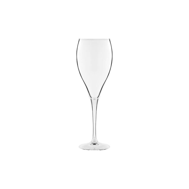 A clear champagne flute with a long stem on a white background.