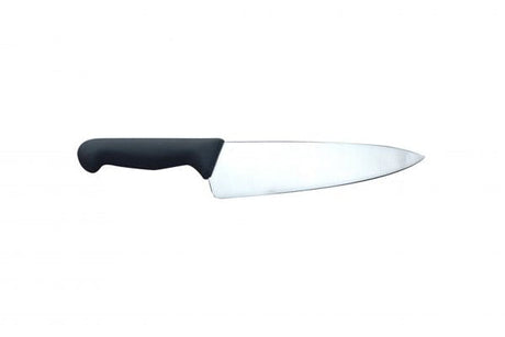 Chefs knife with black handle on white background