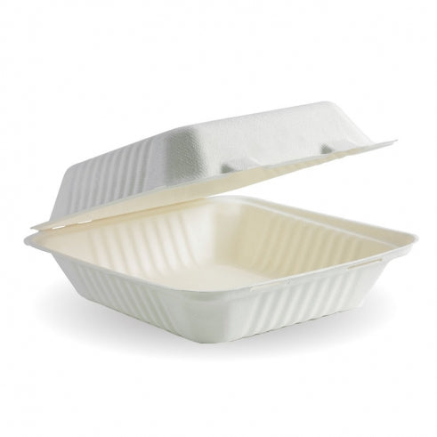 Biocane Clamshell - Square, Medium, White (Box of 200) from BioPak. Compostable, made out of Sugarcane and sold in boxes of 1. Hospitality quality at wholesale price with The Flying Fork! 