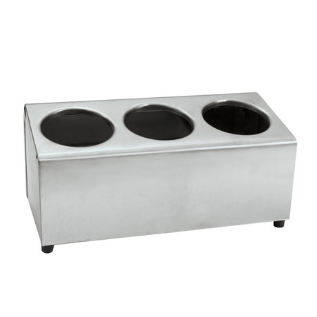 3 hole cutlery holder in stainless steel with a white background