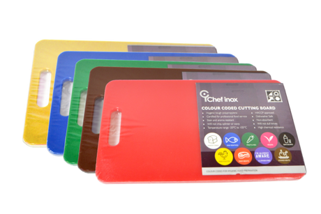 Set Of 5 Coloured Polypropylene Cutting Boards With Handles - 230x450x12mm from Chef Inox. made out of Polypropylene and sold in boxes of 1. Hospitality quality at wholesale price with The Flying Fork! 