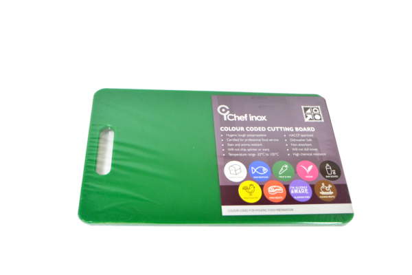 Polypropylene Cutting Board With Handle - 230x380x12mm, Green from Chef Inox. made out of Polypropylene and sold in boxes of 6. Hospitality quality at wholesale price with The Flying Fork! 