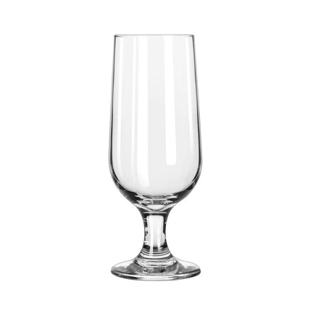 A tall clear stemmed beer glass on a white background