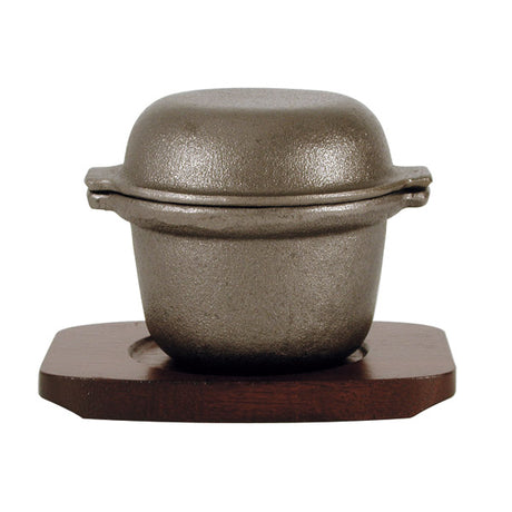 Garlic Prawn Pot - Cast Iron, W-Rect. Wood Base, 115 x 90mm from TheFlyingFork. Sold in boxes of 1. Hospitality quality at wholesale price with The Flying Fork! 
