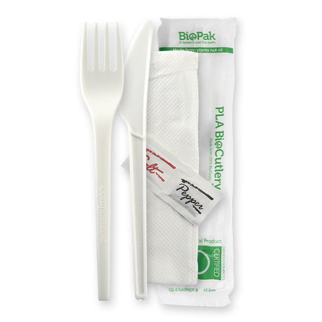 Biopak Wrap Knife, Fork, Napkin, Salt And Pepper Set - White, 6.5 inches (Box of 250) from BioPak. Compostable, made out of Bioplastic and sold in boxes of 1. Hospitality quality at wholesale price with The Flying Fork! 