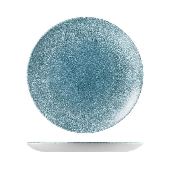 Round Plate - Coupe, 288mm, Raku Topaz Blue from Churchill. Textured, made out of Porcelain and sold in boxes of 6. Hospitality quality at wholesale price with The Flying Fork! 