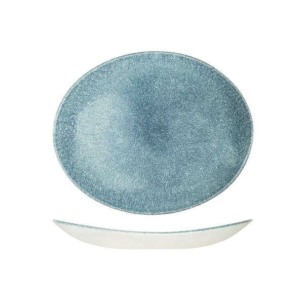 Oval Plate - Coupe, 270 x 229mm, Raku Topaz Blue from Churchill. Textured, made out of Porcelain and sold in boxes of 6. Hospitality quality at wholesale price with The Flying Fork! 