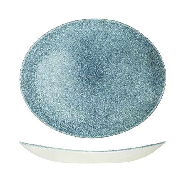 Oval Plate - Coupe, 317 x 255mm, Raku Topaz Blue from Churchill. Textured, made out of Porcelain and sold in boxes of 6. Hospitality quality at wholesale price with The Flying Fork! 