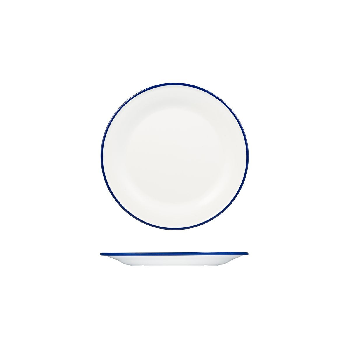 Round Plate, 220mm, Melamine - White & Blue from Ryner Melamine. Sold in boxes of 12. Hospitality quality at wholesale price with The Flying Fork! 