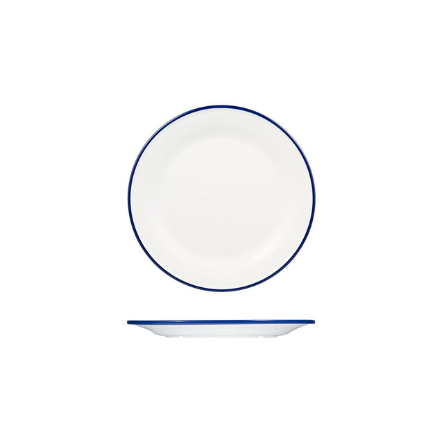 Round Plate, 220mm, Melamine - White & Blue from Ryner Melamine. Sold in boxes of 12. Hospitality quality at wholesale price with The Flying Fork! 