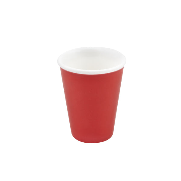 a medium sized red Latte Cup with a white interior on a white background