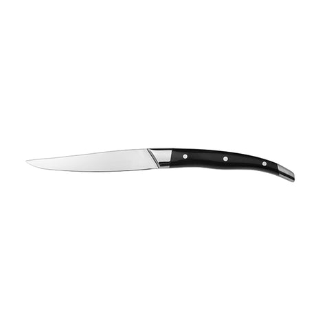 Pointed tip steak knife with black handle on white background