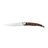 Pointed tip steak knife with brown handle on white background