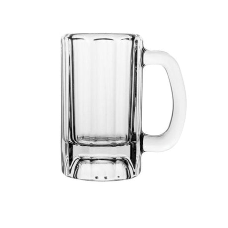 Small clear panelled beer mug on white background