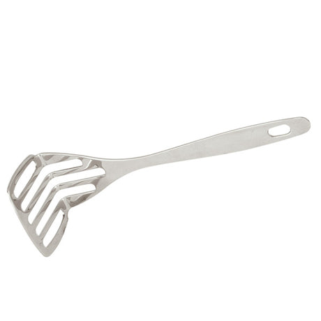 A stainless steel slotted Potato Masher on a white background
