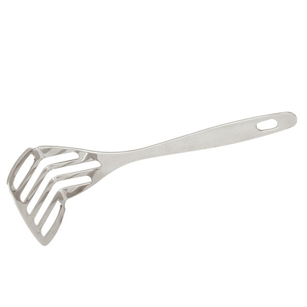 A stainless steel slotted Potato Masher on a white background