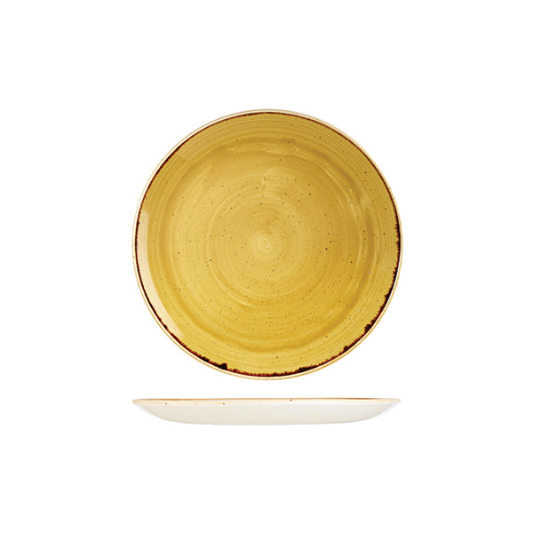 Round Plate - 217mm, Mustard Seed Yellow, Stonecast from Churchill. Vitrified, made out of Porcelain and sold in boxes of 6. Hospitality quality at wholesale price with The Flying Fork! 
