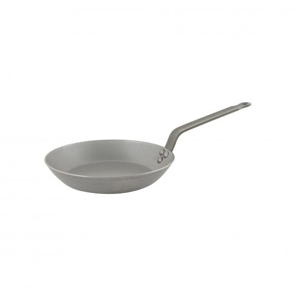 Steel grey frypan on white background