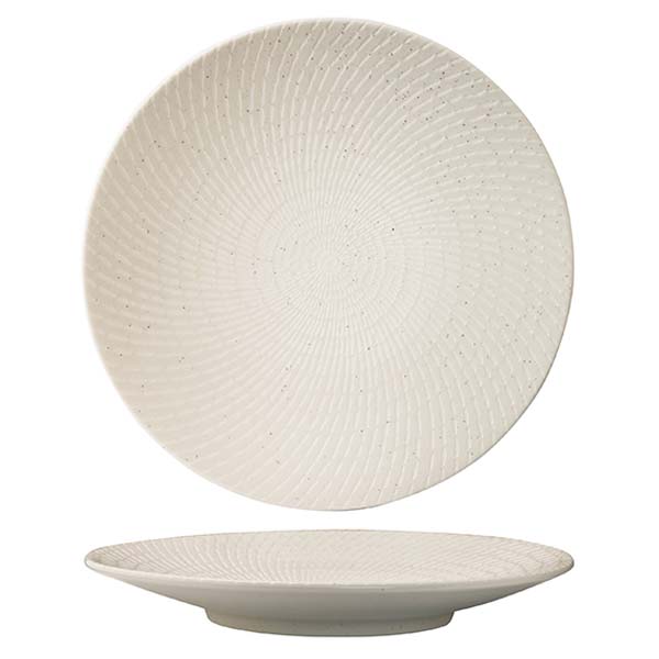 Round Plate - Coupe, 310mm, White Swirl from Luzerne. Textured, made out of Ceramic and sold in boxes of 12. Hospitality quality at wholesale price with The Flying Fork! 