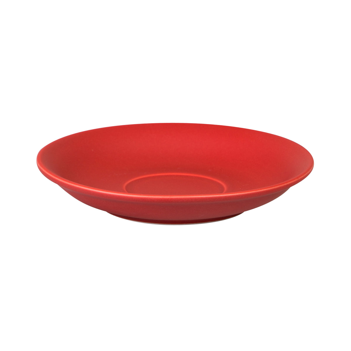 A medium sized red saucer presented on a white background