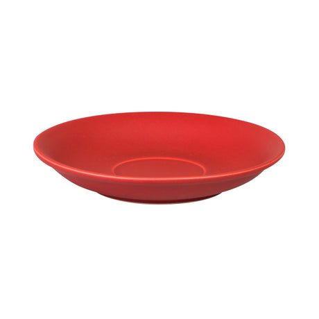 A standard mid sized red coffee saucer on a white background
