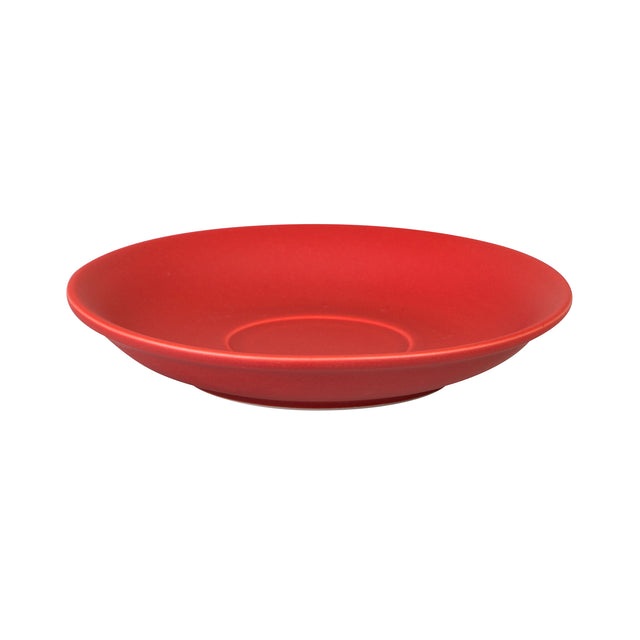 A standard mid sized red coffee saucer on a white background