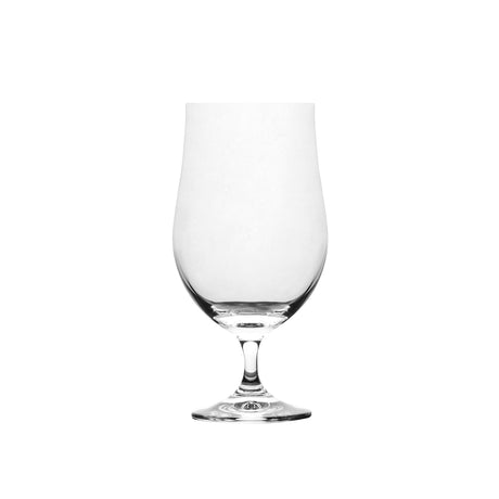 A clear Tulip Shaped Beer glass on a white background