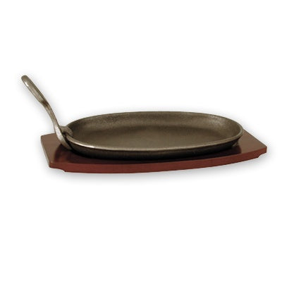 Steak Sizzler - Cast Iron, W-Wood Base, 290 x 180mm from TheFlyingFork. Sold in boxes of 1. Hospitality quality at wholesale price with The Flying Fork! 