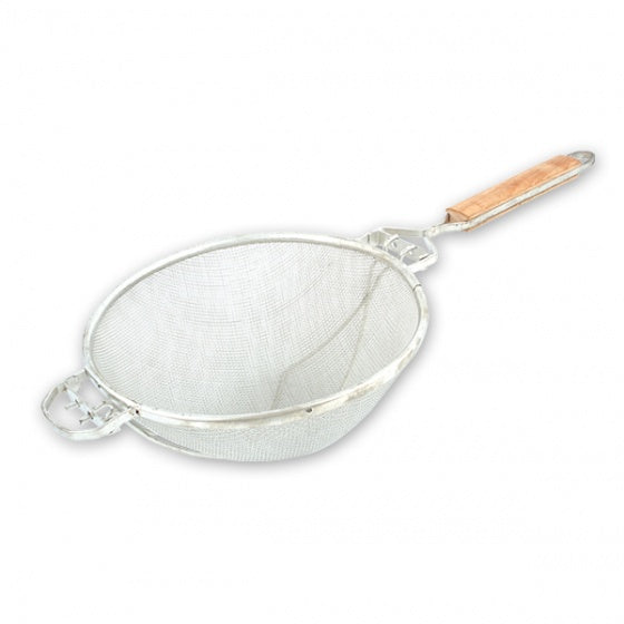 300mm Strainer - Double Stainless Steel Mesh with wooden handle on white background