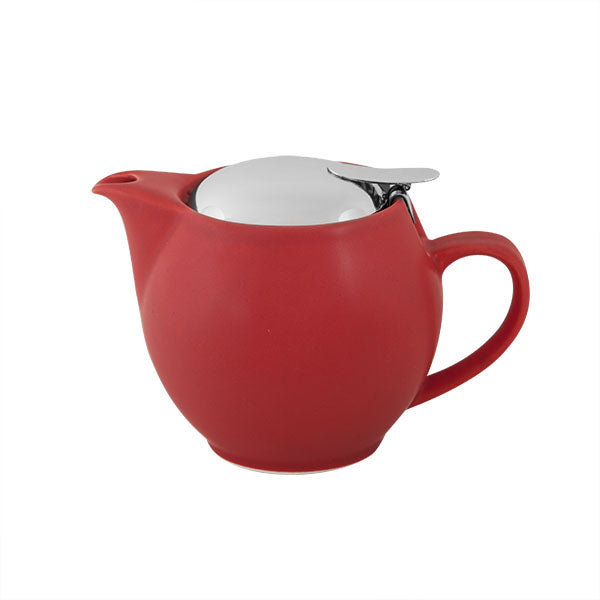 a large 500ml capacity red teapot with a stainless steel removable lid on a white background