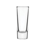 A tall shot glass with no liquid displayed on a white background